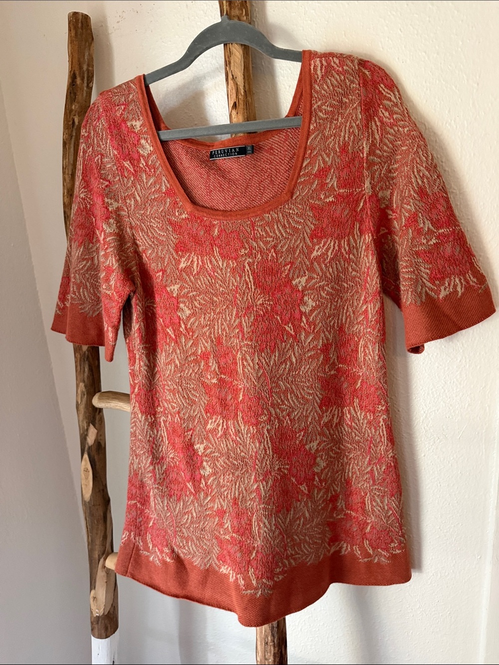 Peruvian Connection Orange and Beige Tan Short Sleeve Scoop Neck Cotton Top XL